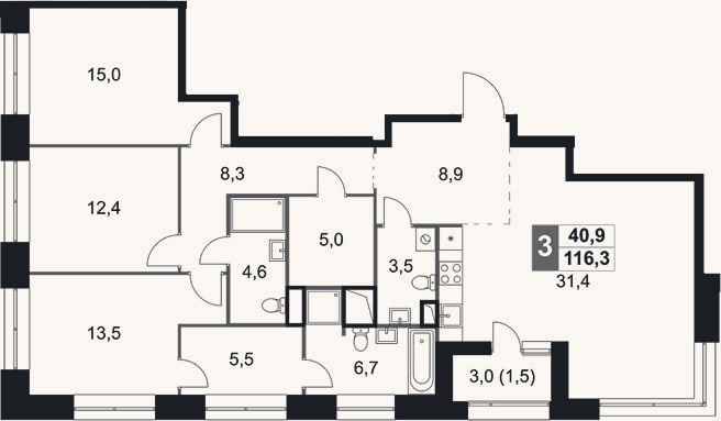Планировка: 4+ к, 114,8 м²