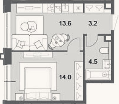Планировка: 2-к, 35,3 м²