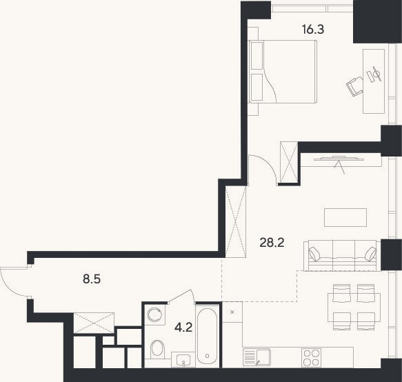 Планировка: 2-к, 57,2 м²