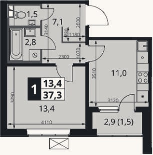 Планировка: 1-к, 35,8 м²