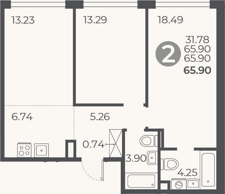 Планировка: 2-к, 65,9 м²