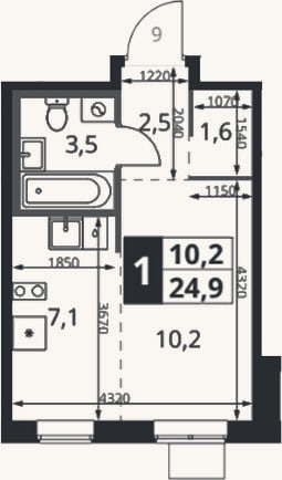 Планировка: Студия, 25,5 м²