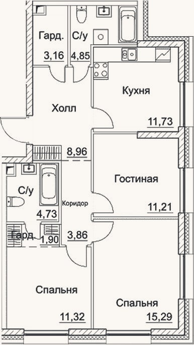 Планировка: 3-к, 77 м²