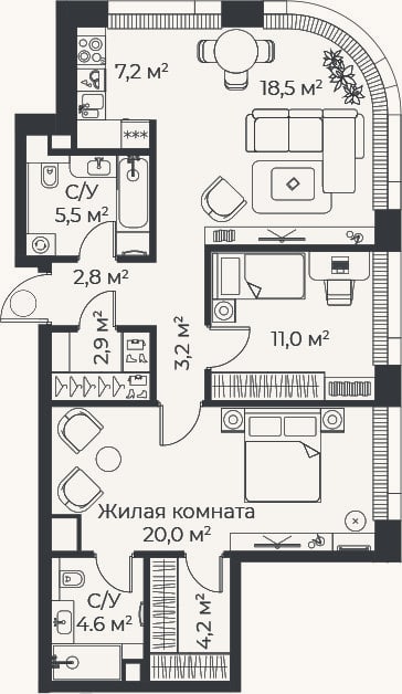 Планировка: 3-к, 80 м²
