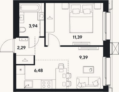 Планировка: 2-к, 33,5 м²