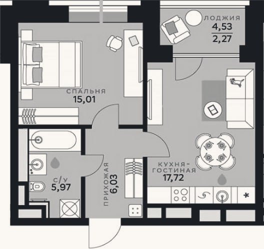 Планировка: 2-к, 44,7 м²