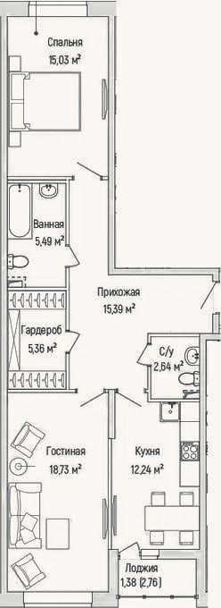 Планировка: 2-к, 73,7 м²