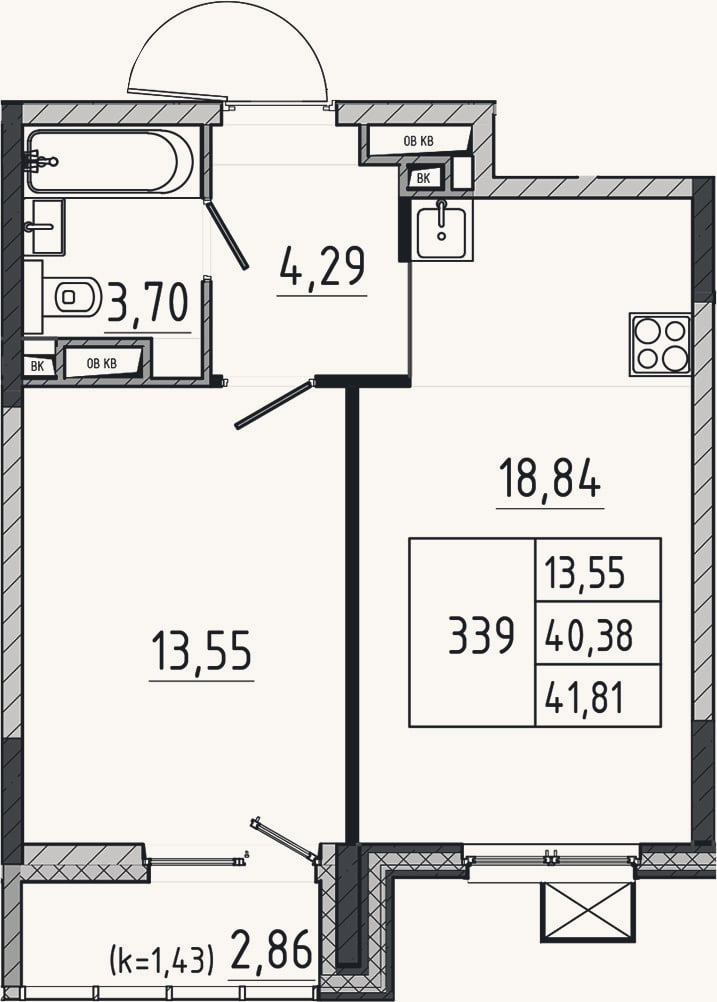 Планировка: 2-к, 40,4 м²