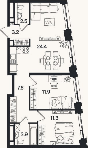 Планировка: 3-к, 64,8 м²