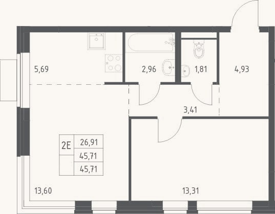 Планировка: 2-к, 45,7 м²