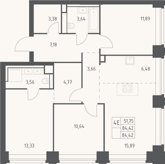 Планировка: 4+ к, 84,4 м²