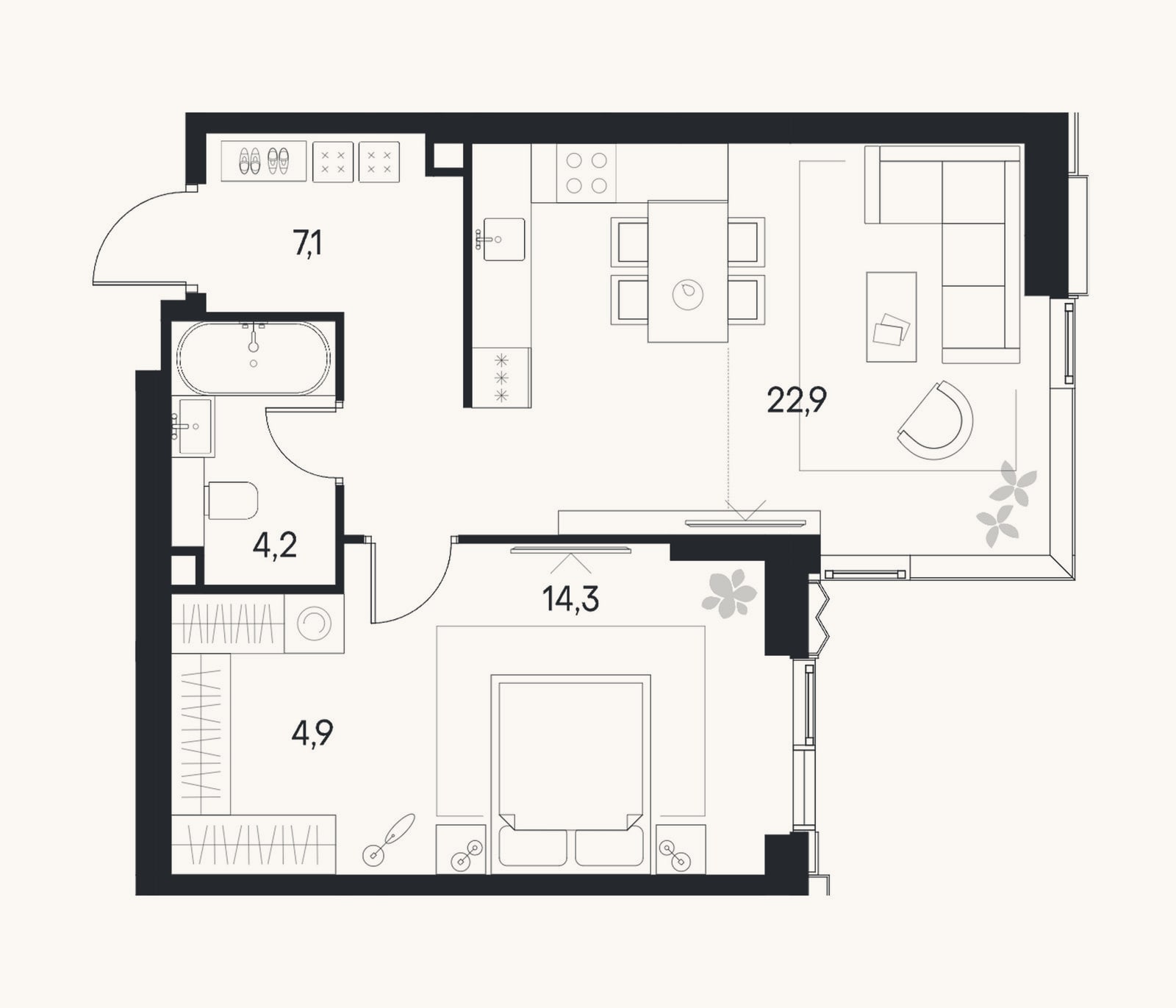Планировка: 2-к, 53,4 м²