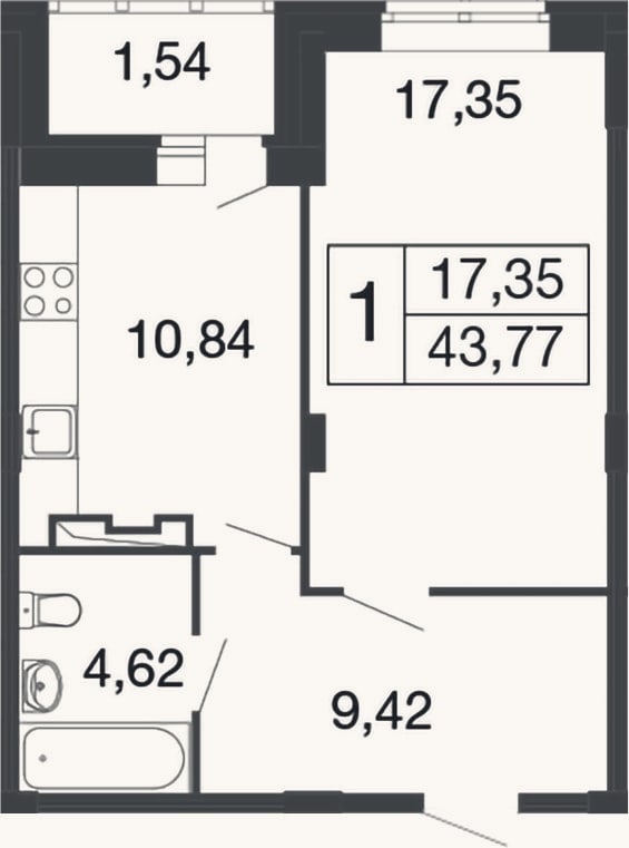 Планировка: 1-к, 42,2 м²
