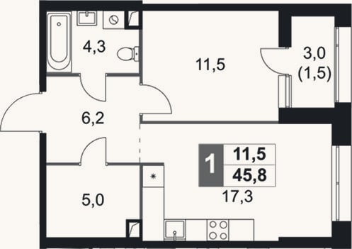 Планировка: 2-к, 44,3 м²