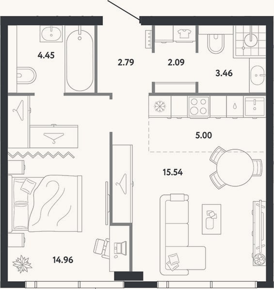Планировка: 1-к, 48,3 м²