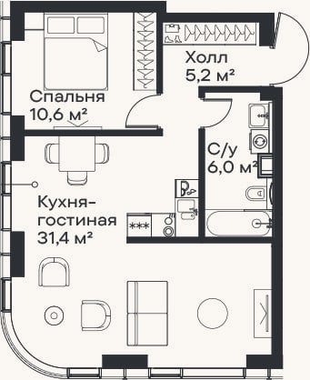 Планировка: 2-к, 53,2 м²