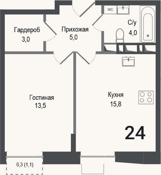 Планировка: 1-к, 41,1 м²