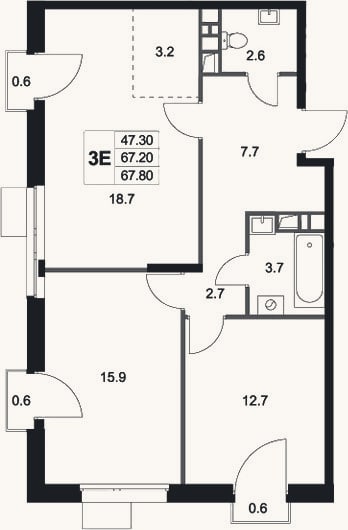 Планировка: 3-к, 67,2 м²