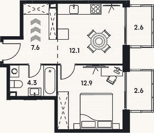 Планировка: 1-к, 36,9 м²