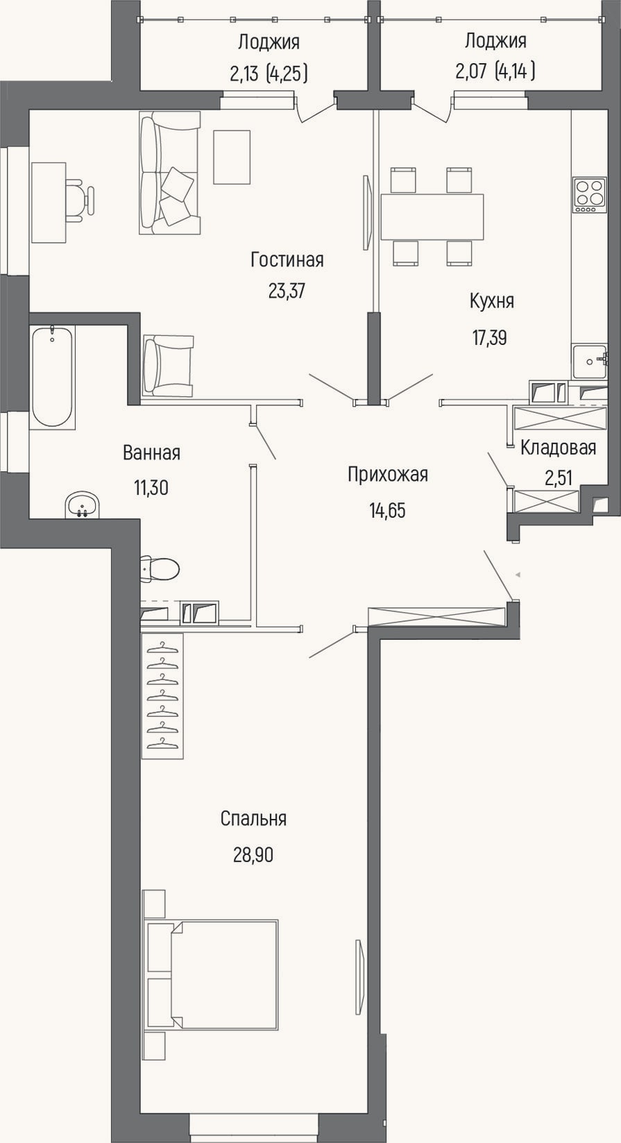 Планировка: 2-к, 98,1 м²