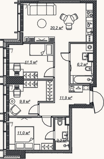 Планировка: 4+ к, 73,9 м²