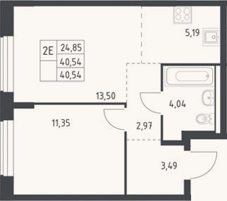 Планировка: 2-к, 40,5 м²