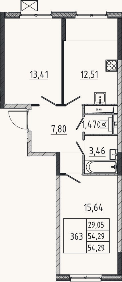 Планировка: 2-к, 54,3 м²