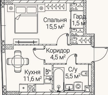 Планировка: 1-к, 38,6 м²