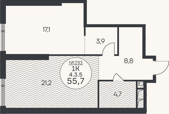 Планировка: 1-к, 55,7 м²