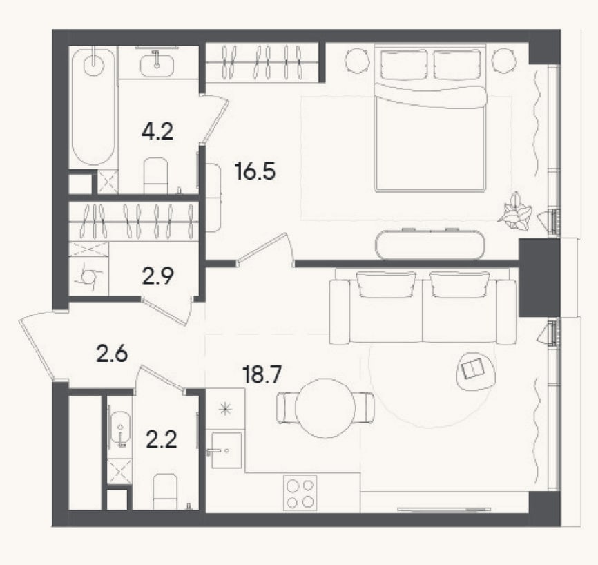 Планировка: 2-к, 47,1 м²