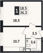 Планировка: 1-к, 36,3 м²