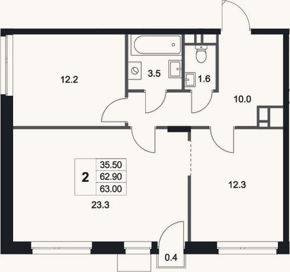 Планировка: 2-к, 62,9 м²