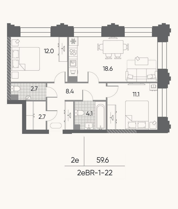 Планировка: 3-к, 59,6 м²