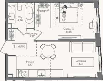 Планировка: 1-к, 47 м²