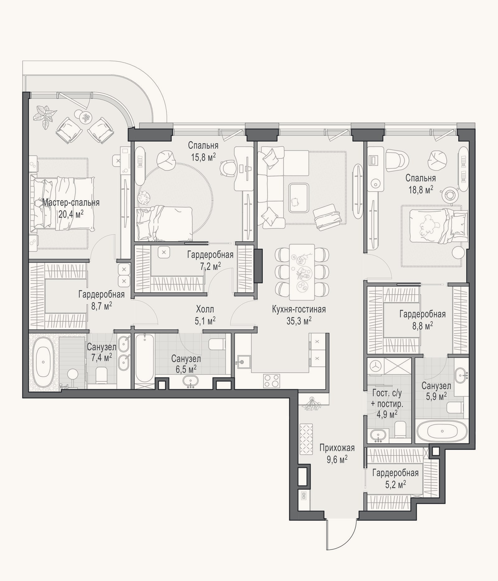 Планировка: 4+ к, 161,6 м²
