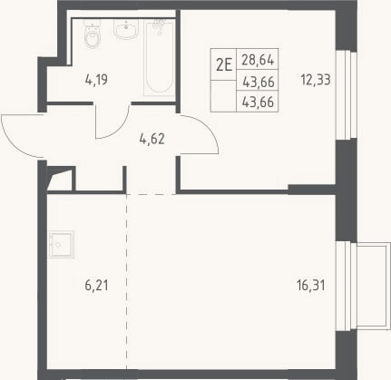 Планировка: 2-к, 43,7 м²