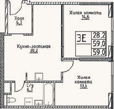 Планировка: 3-к, 59 м²