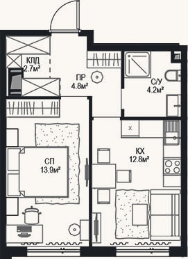 Планировка: 2-к, 38,4 м²