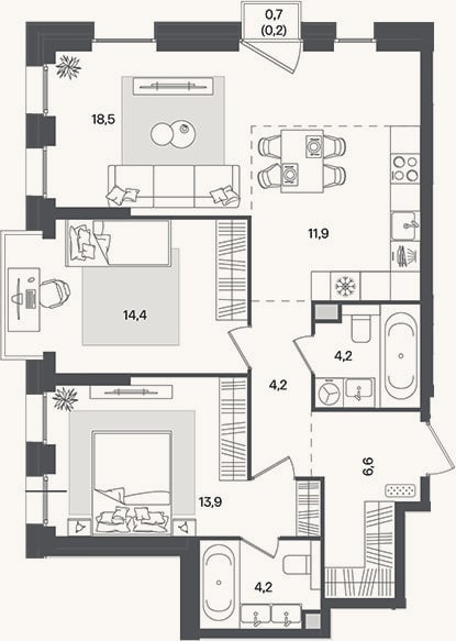 Планировка: 3-к, 77,9 м²