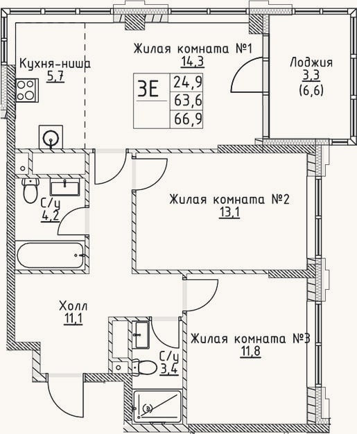 Планировка: 3-к, 63,6 м²
