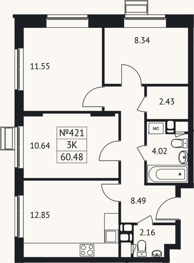 Планировка: 3-к, 60,5 м²