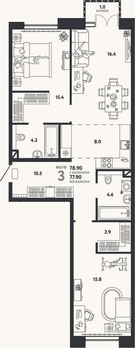 Планировка: 3-к, 77,9 м²