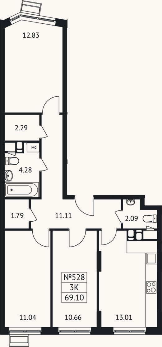 Планировка: 3-к, 69,1 м²