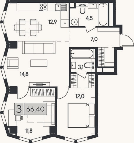 Планировка: 3-к, 66,4 м²