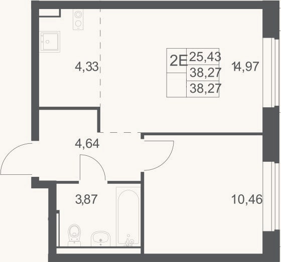 Планировка: 2-к, 38,3 м²