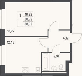 Планировка: 1-к, 38,9 м²