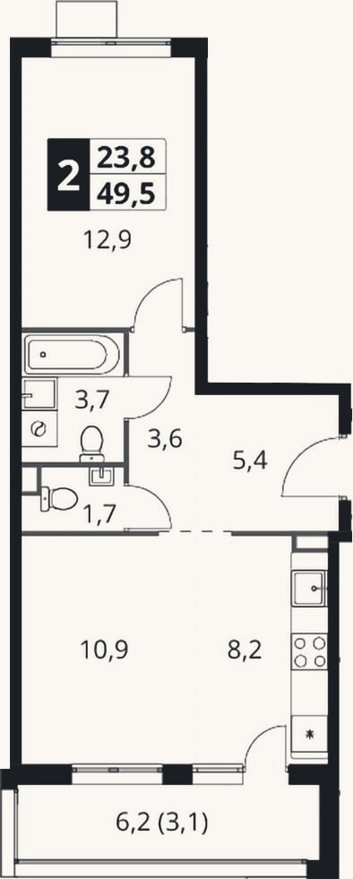 Планировка: 2-к, 46,4 м²