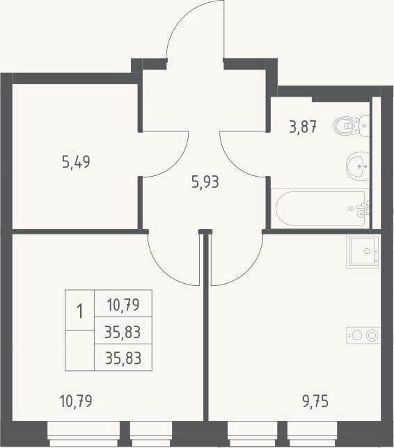 Планировка: 1-к, 35,8 м²