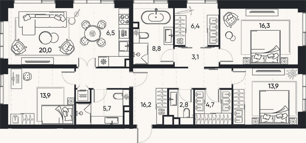 Планировка: 4+ к, 118,3 м²