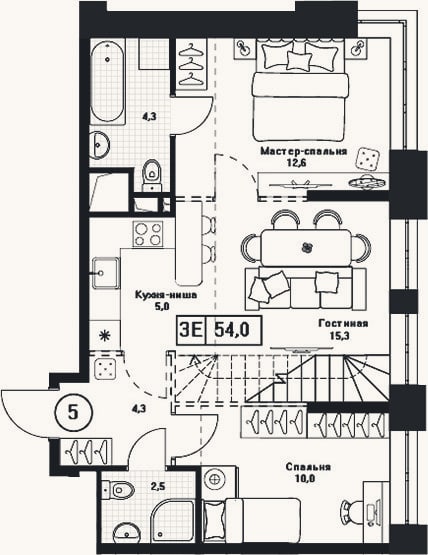 Планировка: 3-к, 54 м²